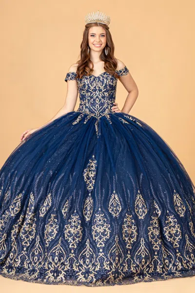 Gls Off Shoulder Long Sweet 16 Ball Gown In Blue