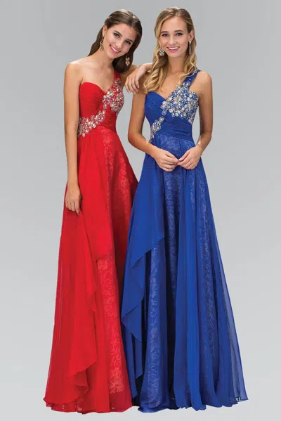 Gls One Shoulder Lace Long Prom Dress In Blue