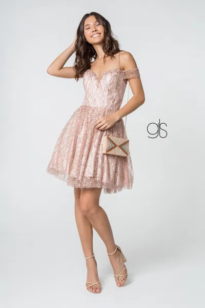 Gls Prom Beaded Short Off Shoulder Glitter Cocktail Dress In Pink
