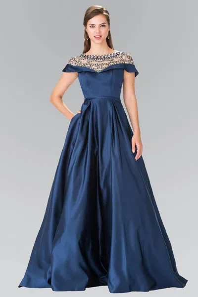 Gls Prom Long Cap Sleeve Evening Ball Gown With Pockets In Blue
