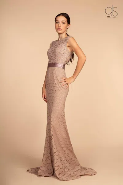 Gls Prom Long Cap Sleeve Evening Formal Dress In Neutral