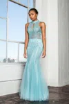 Gls Prom Long Formal Beaded Halter Trumpet Gown In Blue