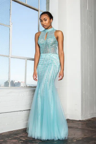 Gls Prom Long Formal Beaded Halter Trumpet Gown In Blue