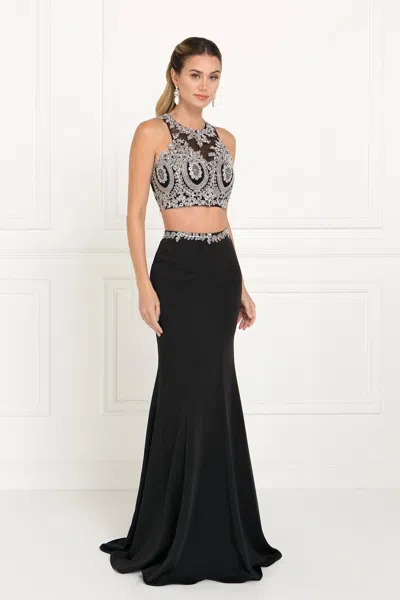Gls Prom Long Formal Dress Two Piece Halter Evening Gown In Black