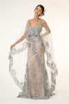 Gls Prom Long Formal  Glitter Cape Dress In Gray