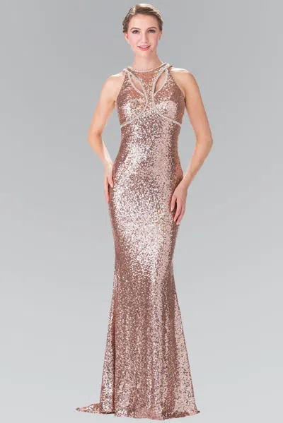 Gls Prom Long Formal Halter Neck Beaded Evening Dress In Gold