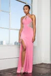 Gls Prom Long Halter Evening Gown With Side Slit In Pink