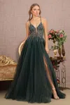 Gls Prom Long Spaghetti Strap Beaded Gown In Green