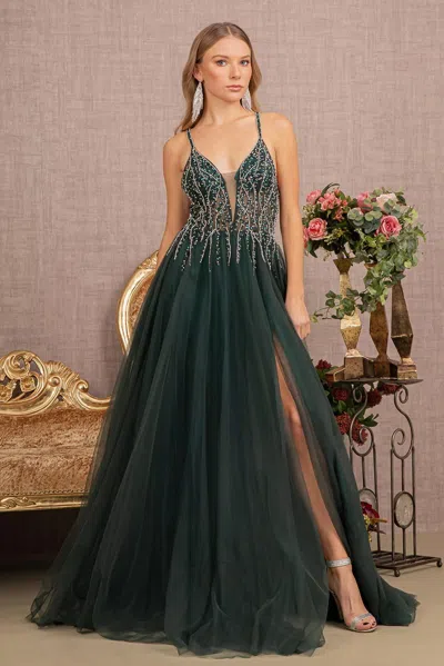 Gls Prom Long Spaghetti Strap Beaded Gown In Green