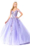 Gls Quinceanera Cold Shoulder Long Sequin Dress In Purple