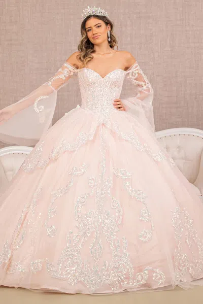 Gls Quinceanera Dress Long Off Shoulder Glitter Ball Gown In Pink
