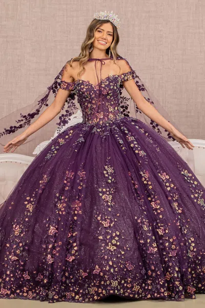 Gls Quinceanera Dress Mesh Cape Long Ball Gown In Purple