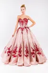 Gls Quinceanera Floral Glitter Long Strapless Dress In Pink