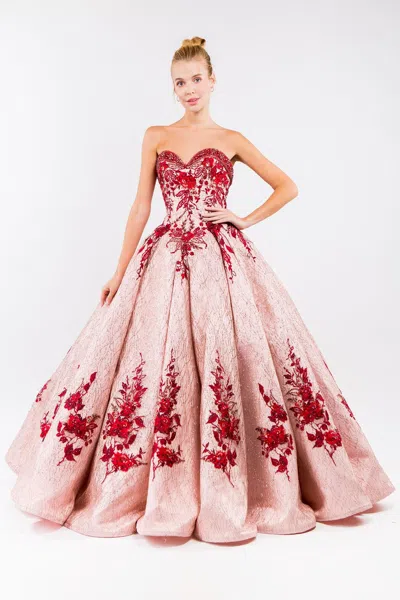 Gls Quinceanera Floral Glitter Long Strapless Dress In Pink