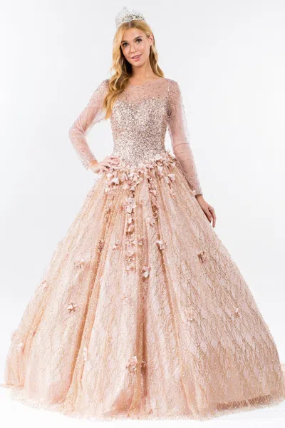 Gls Quinceanera Long Sleeve Prom Gown In Gold