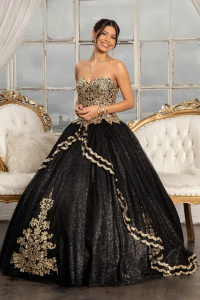 Gls Quinceanera Long Strapless Glitter Mesh Ball Gown In Black