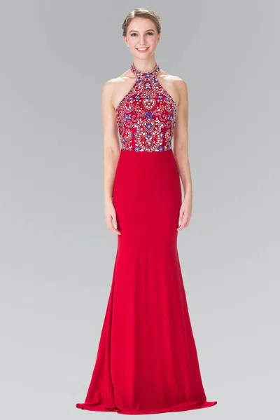 Gls Red Long Beaded Halter Neck Evening Formal Dress