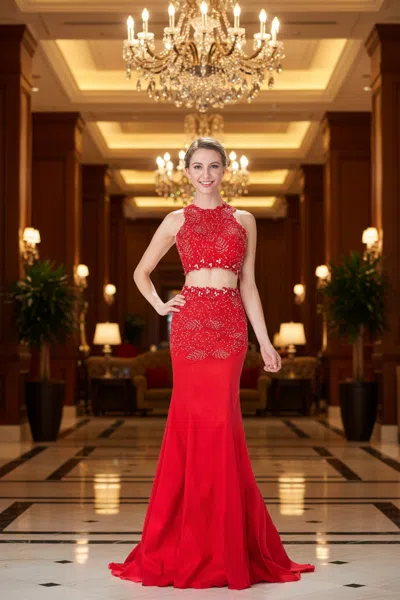 Gls Red Long Two Piece Prom Dress Evening Gown In Multi