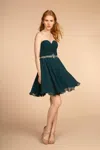 Gls Ruched Strapless Sweetheart Chiffon Short Dress In Green