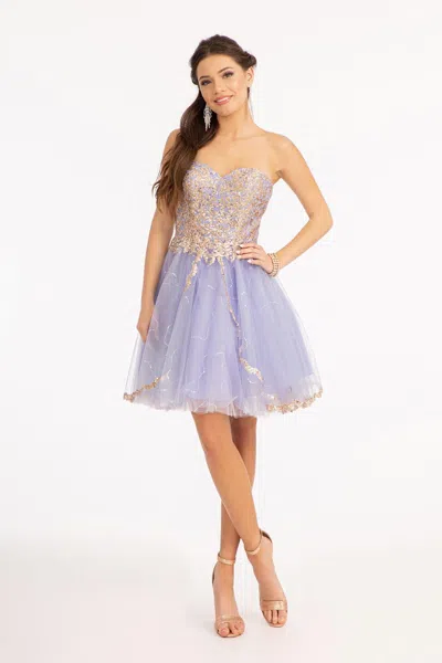 Gls Short Strapless Homecoming Glitter Mesh Prom Dress In Purple