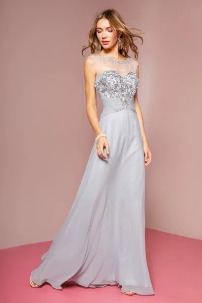Gls Silver Sequin Embellished Chiffon Long Prom Dress