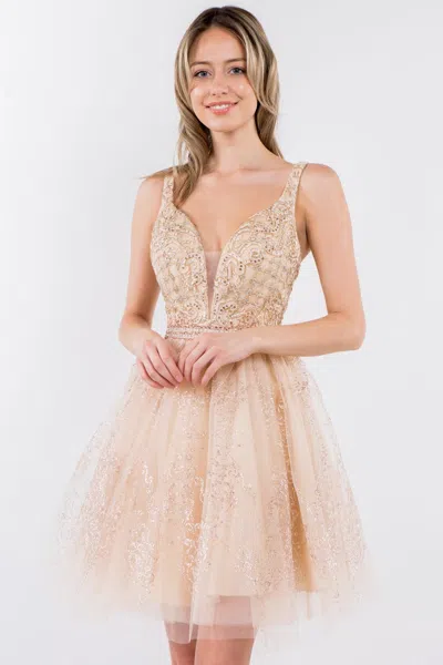 Gls Sleeveless Embroidered Short Homecoming Dress In Gold