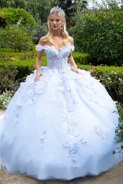 Gls Sweet 16 3d Floral Applique Long Quinceanera Dress In Blue
