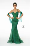 Gls Sweetheart Ruched Glitter Mesh Long Dress In Green