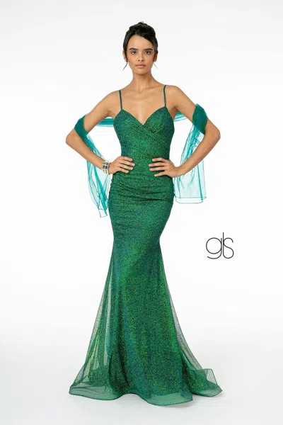 Gls Sweetheart Ruched Glitter Mesh Long Dress In Green