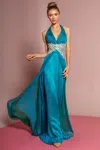 Gls Teal Long Halter Neck Chiffon Evening Dress In Blue