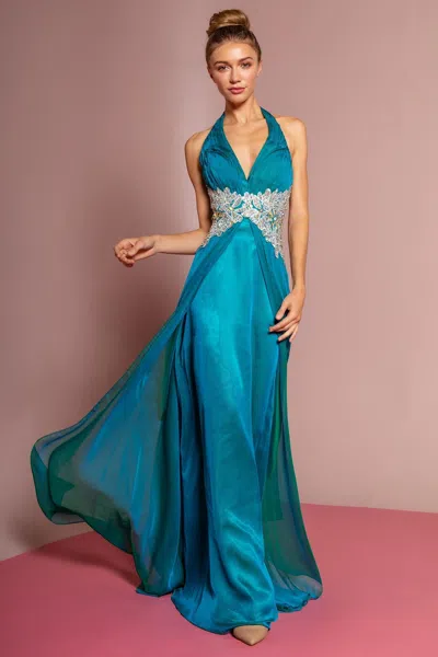 Gls Teal Long Halter Neck Chiffon Evening Dress In Blue