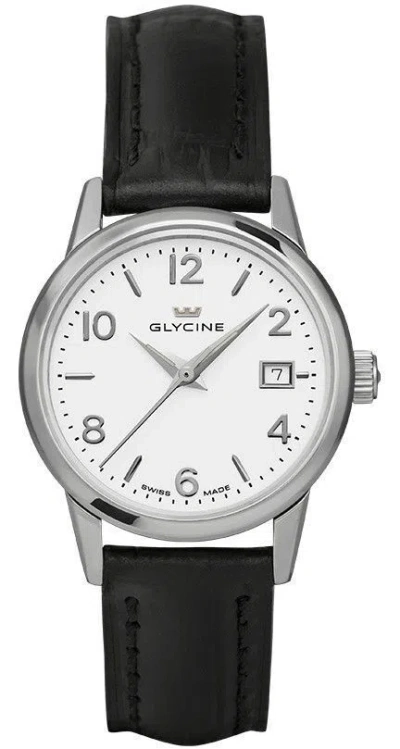 Pre-owned Glycine 3909-11-lbk9 Women's Black Genuine Leather Swiss Made White Dial Watch