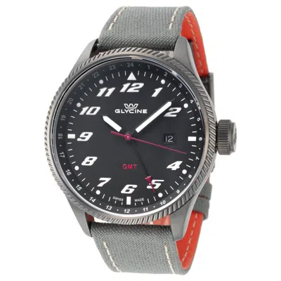 Pre-owned Glycine Airman Contemporary Black Dial Quartz Gray Cordura Band Swiss Watch