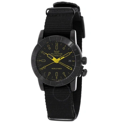 Glycine Airman Contemporary Worldtimer Gmt Quartz Black Dial Men's Watch Gl1029 In Black / Yellow