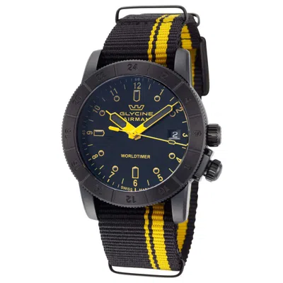 Pre-owned Glycine Airman Worldtimer Black Dial Fabric Strap Swiss 42mm Men's Watch