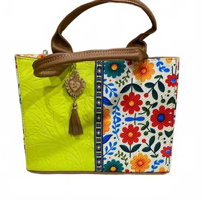 Gmce Global Trading Women's Artisanal Embroidered Look Leather Tote Bag In Lime In Yellow