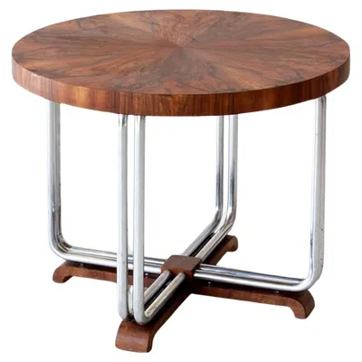 Pre-owned Gmd Berlin Art Deco Round Center Table, Walnut Veneer, Crome Plated Steel, Customizable In Brown