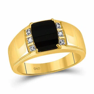 Pre-owned Gnd 10kt Yellow Gold Mens Round Diamond Black Onyx Solitaire Ring .02 Cttw