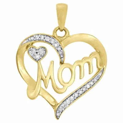 Pre-owned Gnd Atlanta 10k Yellow Gold Genuine Round Diamond Mom Double Heart Pendant Charm 1/10 Ct. In White