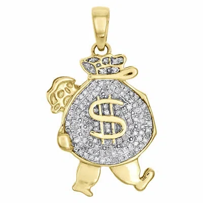 Pre-owned Gnd Atlanta 10k Yellow Gold Real Diamond Walking Money Bag Pendant 1.15" Pave Charm 1/4 Ct. In White