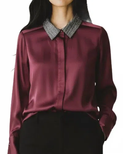 Go By Go Silk Le Blouse With Beaded Collar Top In Oxblood In Burgundy