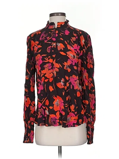 Pre-owned Go By Go Silk Long Sleeve Silk Top Black Floral Pattern Mock Neckline Tops