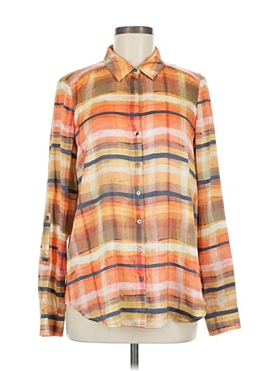Pre-owned Go By Go Silk Long Sleeve Silk Top Orange Plaid Pattern Square Neckline Tops