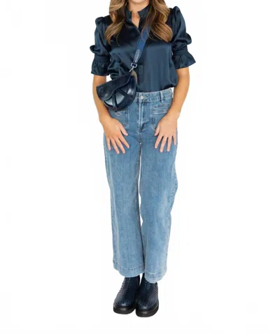 Go By Go Silk Luxe Flea Market Elbow Sleeve Blouse In Navy