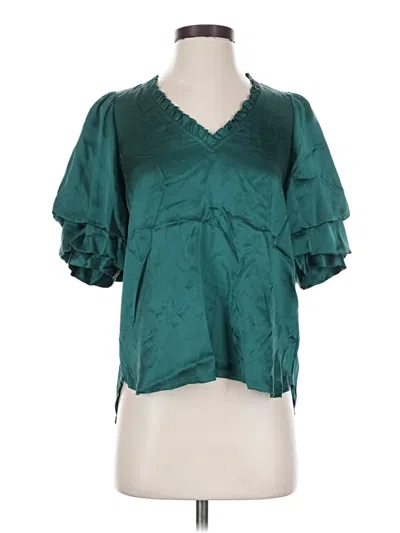 Pre-owned Go By Go Silk Short Sleeve Silk Top Teal Ruffles Neckline Tops