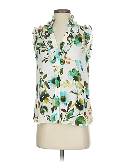 Pre-owned Go By Go Silk Sleeveless Silk Top Ivory Floral Pattern Plunge Neckline Tops In White