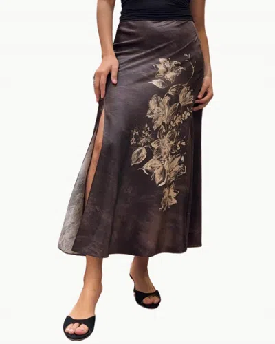 Go By Go Silk Slit Difference Skirt In Petals Placed In Brown