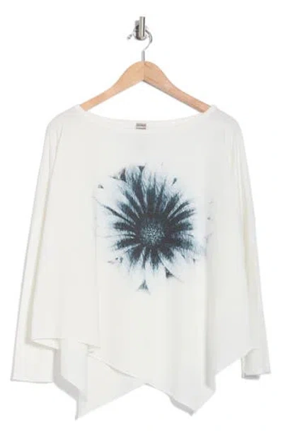 Go Couture Asymmetric Dolman Sleeve Sweater In Ivory Black Sunflower Print