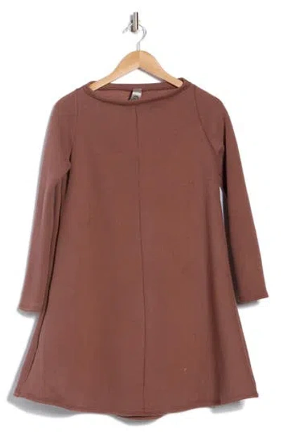 Go Couture Boat Neck Long Sleeve Trapeze Dress In Milk Chocolate French Terry