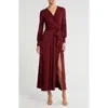 Go Couture Long Sleeve Maxi Wrap Dress In Burgundy